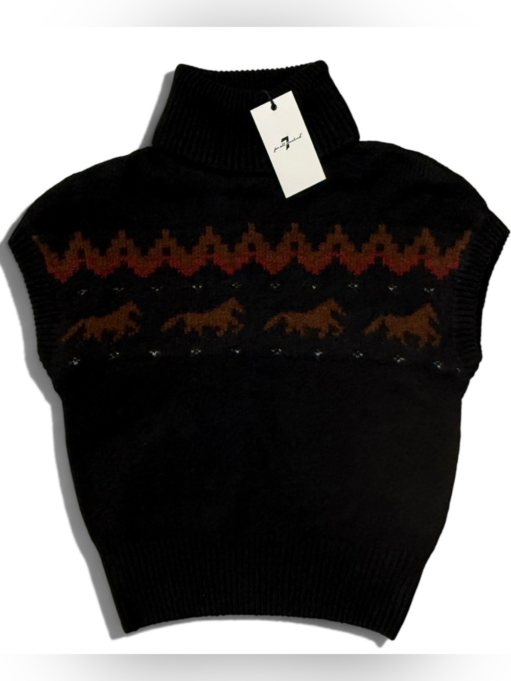 NWT 7 for all Mankind Geometric Fair Isle Horse Motif Short Sleeve Black Sweater - Picture 3 of 7